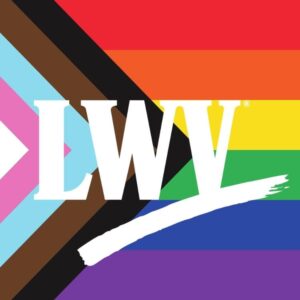 LWV letters in front of multi-colored stripes - Pride logo