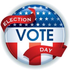 Red white and blue button with words VOTE and Election Day