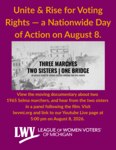 Photo of Edmund Pettus Bridge, with text: A Nationwide Day of Action for Voting Rights on August 8