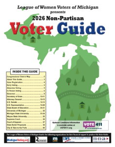 2026 LWVMI Voter Guide cover showing outline of Michigan with list of races covered
